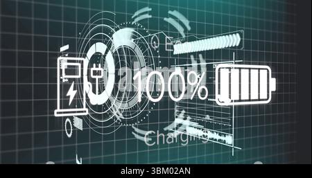 Displaying charging dashboard overlaying grid featuring circular progress, 100% text and pump icon Stock Photo