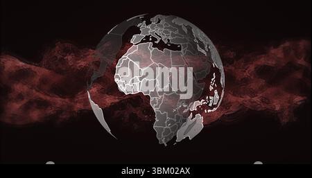 Spinning 3D globe showing white continent outlines in dark virtual space, with red wave mesh Stock Photo