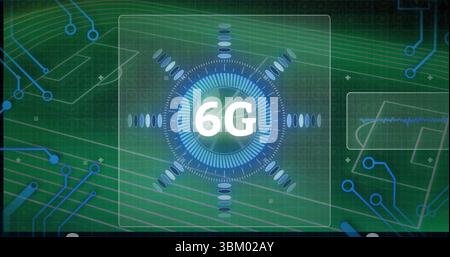 Displaying central 6G gauge rotating tick marks and radial bars on grid background, overlay panels Stock Photo