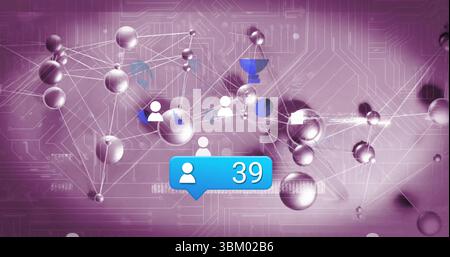 Displaying blue notification bubble showing 39 user icon in network, with metal spheres lines icons Stock Photo