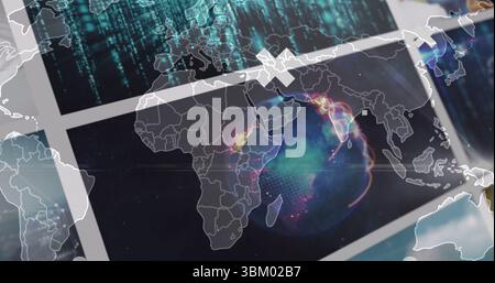Displaying holographic globe and world map on flat screens at control desk, with code streams Stock Photo