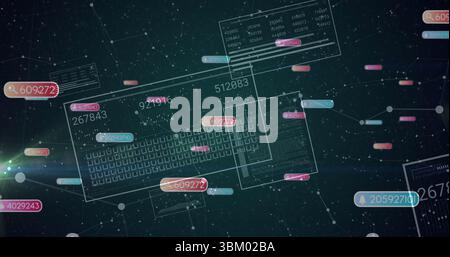 Displaying translucent keyboard blueprint in network grid, with UI panels, numeric labels and nodes Stock Photo