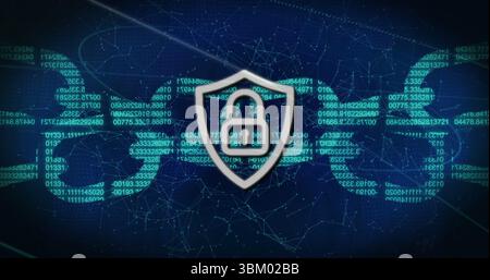 Glowing shield showing padlock symbol on dark blue field, with code streams and network mesh Stock Photo