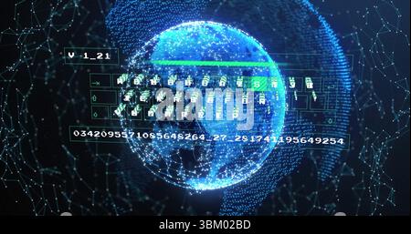 Floating glowing digital globe rotating in dark network space, with code panels showing numbers Stock Photo