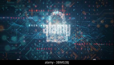 Displaying particle-based padlock icon glowing over network grid, with malware warning overlays Stock Photo