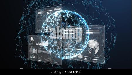 Displaying networked digital globe glowing in virtual cyberspace, with holographic data panels Stock Photo