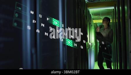 Technician in shirt and slacks inspecting server racks in data center, with hologram, copy space Stock Photo