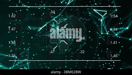 Displaying 3D wireframe globe spinning at virtual data network field, with white connecting lines Stock Photo