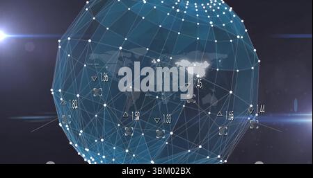 Displaying semi-transparent sphere glowing on digital interface with nodes, grid and numeric labels Stock Photo