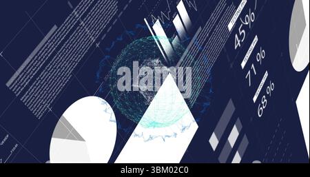Displaying glowing wireframe sphere on dashboard with pie chart, text blocks, percentages and panel Stock Photo
