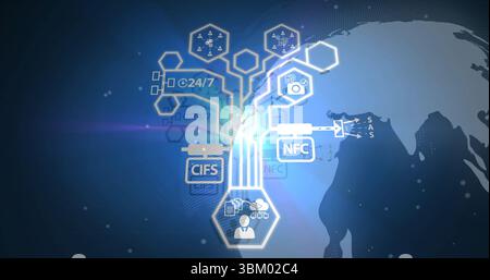 Displaying glowing digital hub linking hexagonal nodes on dark blue interface, with protocol labels Stock Photo