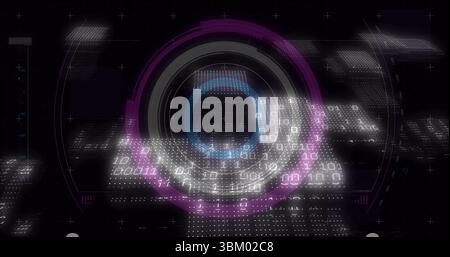 Overlaying digital display, circular interface featuring concentric rings and binary code grid Stock Photo
