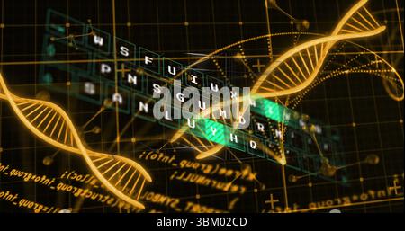 Floating random-letter keyboard grid hovering in data network with DNA helix and circuit chip Stock Photo