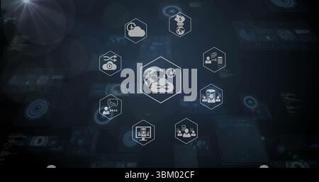 Displaying hexagonal globe-and-arrows icon on control panel, with cloud, database and gear icons Stock Photo