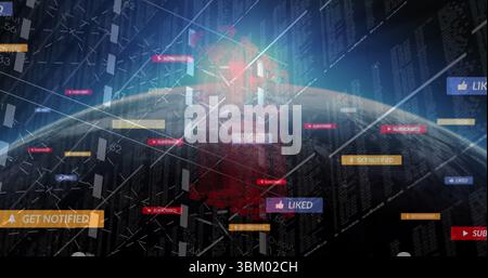 Displaying digitally rendered globe streaming code in virtual cyberspace, with floating UI panels Stock Photo