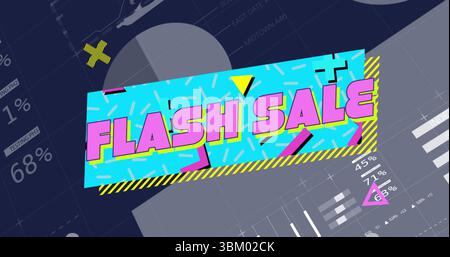 Displaying cyan banner showing pink FLASH SALE text in sale graphic, with charts, confetti shapes Stock Photo