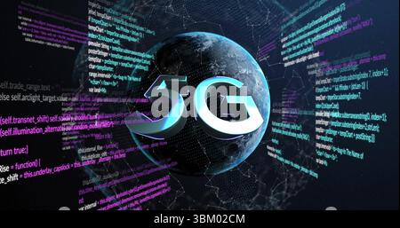 Hovering metallic 5G symbol over blue grey Earth globe in cyberspace, streaming code mesh nodes Stock Photo