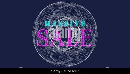 Displaying white wireframe sphere highlighting neon MASSIVE SALE text on dark backdrop, promotion Stock Photo