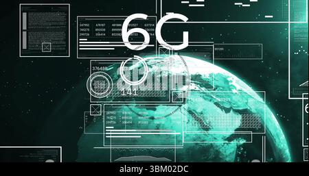 Showing 6G connectivity interface overlaying Earth in abstract space, with floating UI panels Stock Photo
