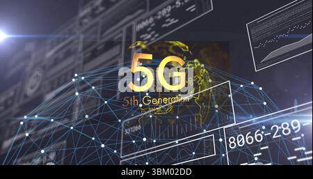 Glowing 5G 5th Generation labels hovering above globe in virtual space with mesh network, UI panels Stock Photo