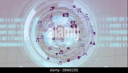 Floating 3D sphere connecting icons on UI, with padlock, camera, music, envelope, pin, headset Stock Photo