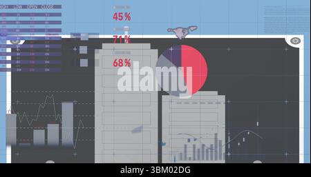 Displaying data dashboard showing bar pie line charts, data grid and percentage labels on screen Stock Photo