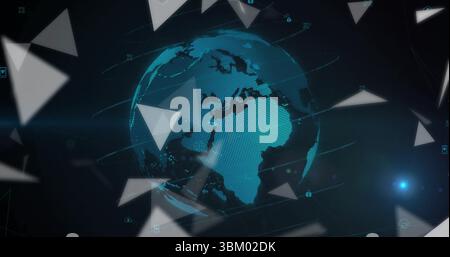 Rotating blue Earth globe in dark network with lines, triangular shapes, padlock and cloud icons Stock Photo