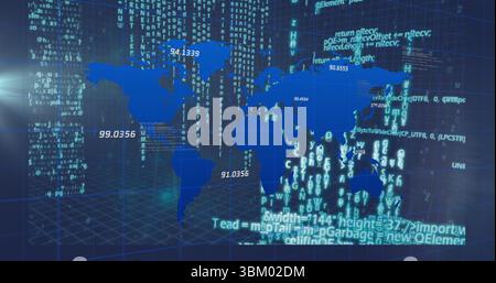 Displaying stylized world map silhouette over 3D grid in holographic display, with code streams Stock Photo