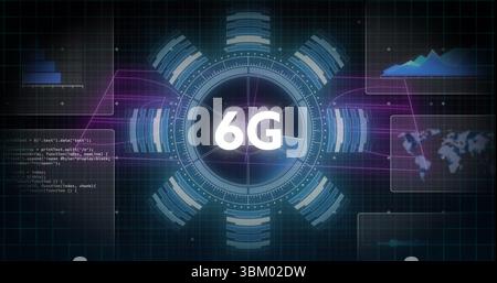 Showing central circular HUD element glowing neon on digital dashboard, with code and data panels Stock Photo