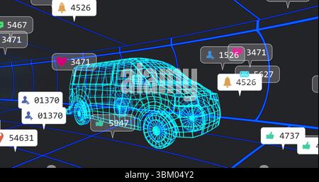 Showcasing 3D wireframe van model centered inside digital tunnel, with floating notification badges Stock Photo
