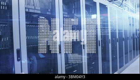 Lining server racks displaying network cables and blinking LEDs in server room aisle, HFT overlay Stock Photo