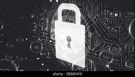 Glowing padlock icon floating above circuit board, showing 5G spheres highlighting network security Stock Photo