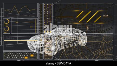 Displaying 3D wireframe car model floating in software interface, with line chart panel and gauges Stock Photo