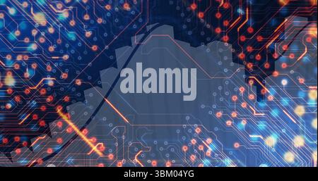 Displaying stylized cloud silhouette floating in virtual network, with circuit traces and nodes Stock Photo