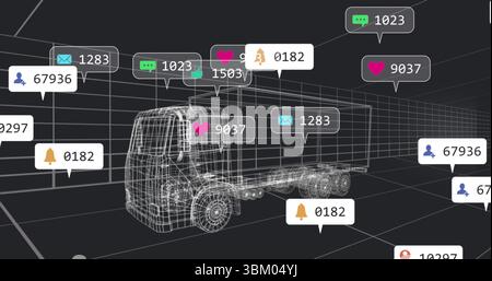 Displaying wireframe cargo truck rotating in virtual grid space, with floating notification bubbles Stock Photo