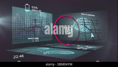 Showing speedometer 119 km or h on dashboard featuring battery icon  and  brain scan temp or time di Stock Photo
