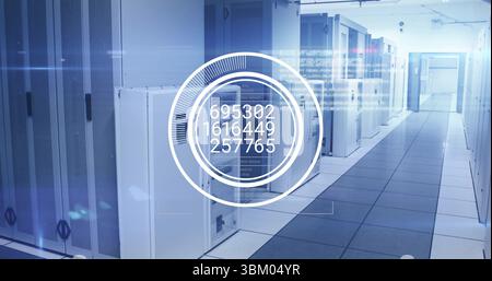 Displaying data overlay showing system metrics in data center aisle, with server racks, floor tiles Stock Photo