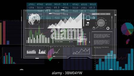 Displaying digital dashboard overlay on monitor screen, with globe icon, line graphs and bar charts Stock Photo