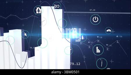 White 3D bar chart columns rising at varying heights in interface, with energy metrics, copy space Stock Photo