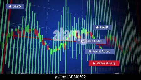 Displaying trading chart fluctuating on grid screen with bar graph and candlesticks, social badges Stock Photo