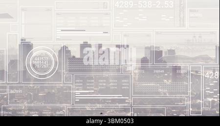 Displaying semi-transparent interface panels floating above urban skyline in haze, data overlays Stock Photo
