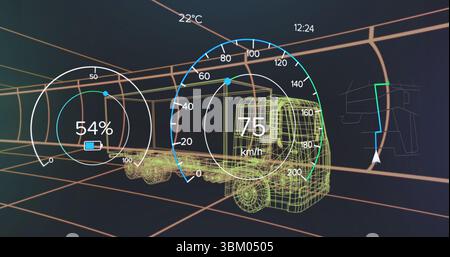 Displaying wireframe 3D truck and trailer model floating in virtual grid corridor, with HUD gauges Stock Photo