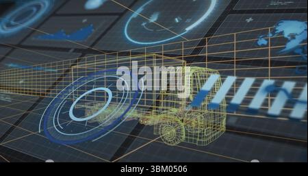 Floating yellow wireframe forklift hovering in digital grid, with HUD data panels and map graphic Stock Photo