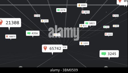 Displaying central bubble floating over dark gray 3D grid, with red pin icon and numeric labels Stock Photo