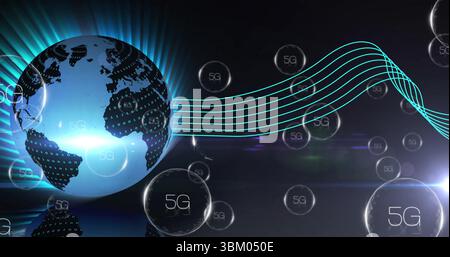Shining blue Earth globe displaying binary digits on left in futuristic network, with 5G bubbles Stock Photo