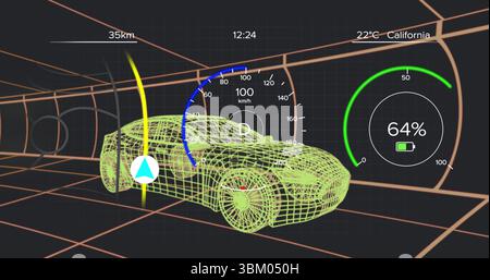 Showing wireframe car model hovering in grid tunnel with route arrow, speedometer and battery gauge Stock Photo