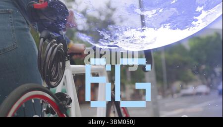 Displaying digital globe 5G text, woman in denim jacket holding bicycle on urban street, copy space Stock Photo