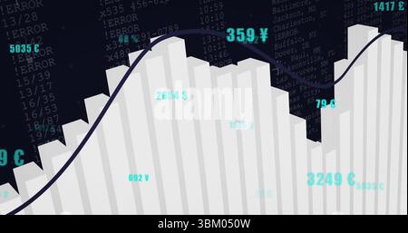 Displaying 3D bars tracing line graph with floating currency symbols over console text in dashboard Stock Photo