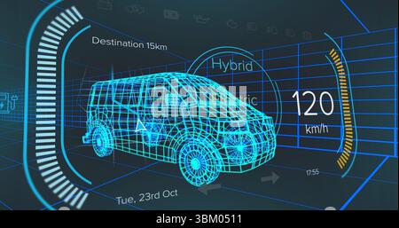 Displaying 3D blue wireframe van model on digital dashboard interface, hybrid electric mode icon Stock Photo