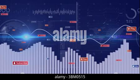 Displaying dashboard on dark grid showing waveform graph timeline markers Play Subscribe Like icons Stock Photo